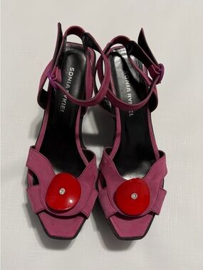 Sonia Rykiel pink/purple Suede wedge with Red Accent Medallions size 38 worn